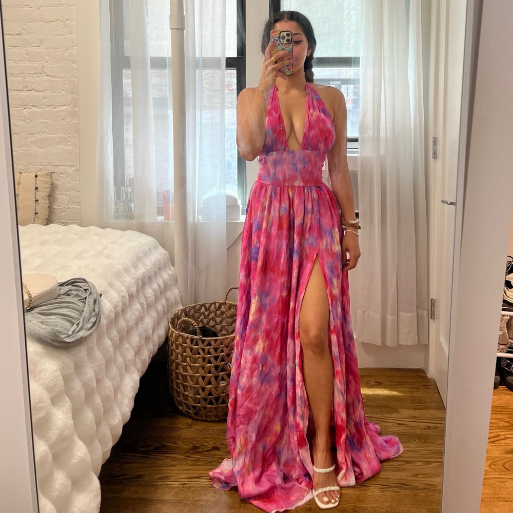 RETROFETE Chiffon Silk Halter Gown, Multicolor